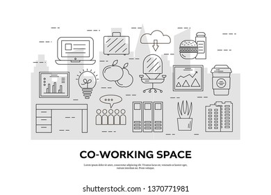 Coworking space horizontal illustration. Linear job items on gray city landscape silhouette. Isolated icons with typography. Vector outline illustration for website, banner
