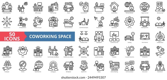 Conjunto de colecciones de iconos de espacio de coworking. Contiene trabajadores, ahorro de costos, compartir, conveniencia, recepcionista, oficina en casa, icono remoto. Vector de línea simple.