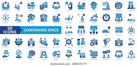 Conjunto de colecciones de iconos de espacio de coworking. Contiene trabajadores, ahorro de costos, compartir, conveniencia, recepcionista, oficina en casa, icono remoto. Sencillo Vector plano.