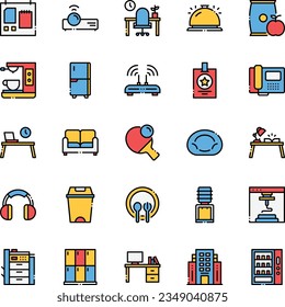 Koworking Space Icon gesetzt in farbigen Linie style.office, Drucker, Pingpong, Bohnenbeutel, WiFi , Sammlung. Vektorgrafik.