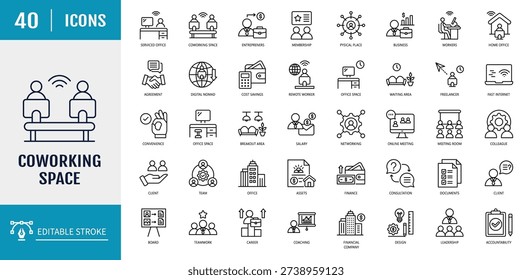 Coworking space icon set. Includes workers, cost savings, share, convenience, receptionist, home office, remote. Outline icon set. Vector illustration with editable stroke