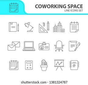 Coworking space icon set. Line icons collection on white background. Document, supplies, stationary. Office concept. Can be used for topics like business, management, start-up