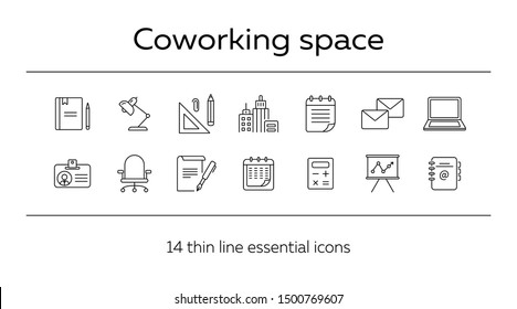 Coworking space icon set. Line icons collection on white background. Document, supplies, stationary. Office concept. Can be used for topics like business, management, start-up