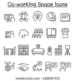 Co-working Space Icon Set In Thin Line Style