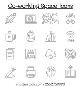 Co-working space icon set in thin line style