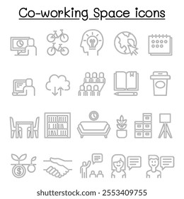 Co-working space icon set in thin line style