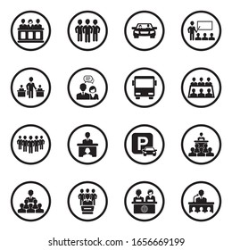 Coworking Space Icons. Black Flat Design In Circle. Vector Illustration.