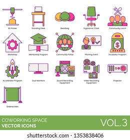 Coworking space icons including 3D printer, standing desk, beanbag, ergonomic chair, community lunch, workshop, mentorship program, portal, pitching event, incubator, accelerator, dual monitors, video