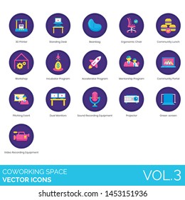 Coworking space icons including 3D printer, standing desk, beanbag, lunch, workshop, incubator program, mentorship, community portal, pitching, dual monitors, projector, green screen, video equipment.