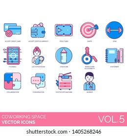 Coworking Space Icons Including Accept Credit Card, Cryptocurrency, Pool Table, Darts, Gym, Foosball, Lactation Room, Childcare, Wheelchair, Stationery, Conversation, Photocopy Machine, Worker.