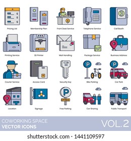 Coworking space icons including pricing, membership, front desk service, telephone, call booth, printing, 3D printer, business address, courier, access card, security key, bike, car, location, signage