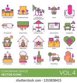 Coworking space icons including recording studio, photoshoot, professional lighting equipment, drone, AR, VR, screen printer, outdoor terrace, swimming pool, lounge area, nap room, yoga, meditation.