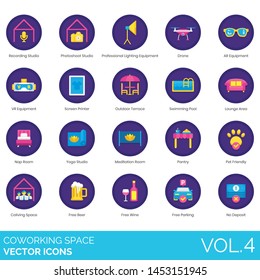 Coworking space icons including recording, photoshoot, lighting, drone, AR, VR, screen printer, swimming pool, lounge, nap room, pantry, pet friendly, coliving, free beer, wine, parking, no deposit.