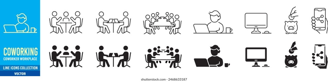 Co-working space icons set. Included icons as coworking, coworker, workers, meeting, workplace, workspace, share, sharing, cost savings, team work and home office. Editable stroke liner icon collectio