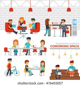 Coworking Space Infographic Elements Vector Flat Design Illustration. Creative People Working Together In Workspace. Man And Woman Working At The Computers. Business Shared Working Environment Flat