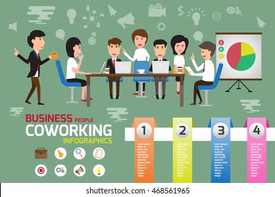 Coworking space infographics elements, business man and woman working in office with creative team concept. vector illustration.