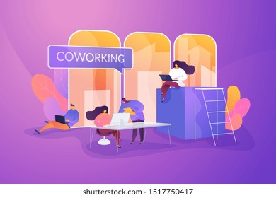 Coworking space, informal workplace vector illustration. Productive teamwork organization, community management, collaborative project concept. Office workers working with laptops cartoon characters