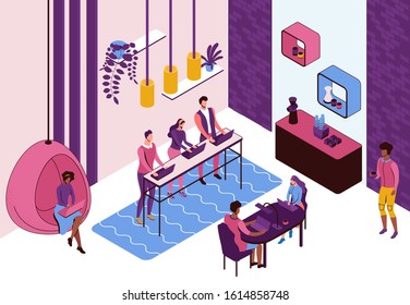 Coworking space interior, creative and office people work in open workspace, freelancer with laptop, modern environment, loft style place, vector illustration