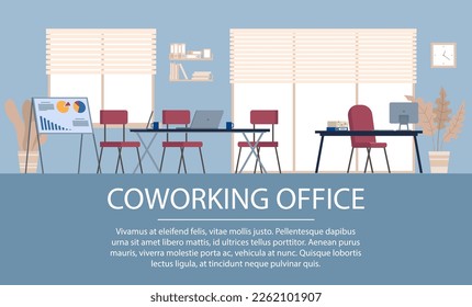 Coworking space interior. Design of modern empty office working place front view desk, chair, computer, book shelf, panoramic window. Workplace of employees, open office workspace, meeting room