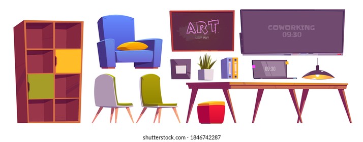 Coworking space interior stuff, furniture and equipment laptop, desk, armchairs and blackboard, shelf and stationery, plant working zone, area for art teamwork, freelance workplace cartoon vector set