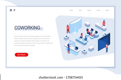 Coworking space isometric landing page. Freelancers working with laptops, business team cooperating in coworking area. Digital technology and devices. Busy people in work situation 3d vector isometry.