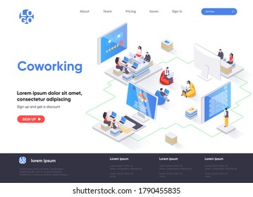 Coworking Space isometrische Landungsseite. Freiberufler, die mit Laptops arbeiten, Geschäftsteam in Zusammenarbeit mit der Isometrie-Webseite. Website flache Vorlage, Vektorgrafik mit Menschen Zeichen.