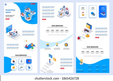 Coworking space isometric landing page. Freelancers workspace, creative collaboration space corporate website template. Web banner with header, middle content, footer. Isometry vector illustration.