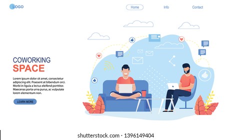 Coworking Space Landing Page Flat Cartoon Template. Freelancers Team Working Online on Laptop. Business People Sharing Open Workspace. Man Characters Sit on Armchair and Sofa. Vector Illustration