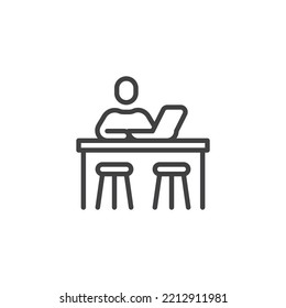 Coworking Space Line Icon. Linear Style Sign For Mobile Concept And Web Design. Man Using Laptop At Workspace Outline Vector Icon. Symbol, Logo Illustration. Vector Graphics