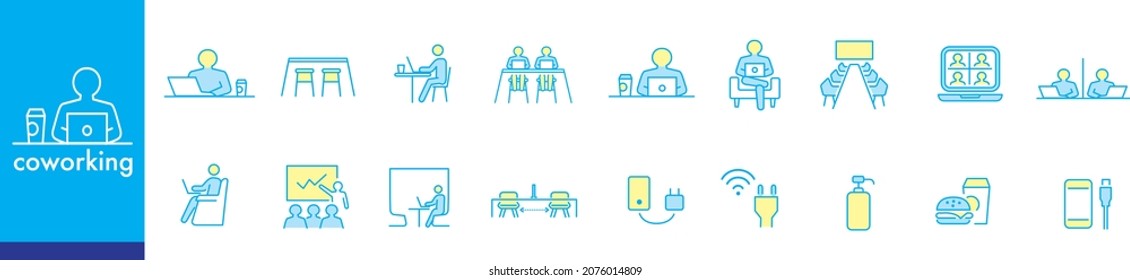 Co-working Space Line Icon Set. Included Icons As Coworkers, Coworking, Sharing Office, Business, Company, Work And More.