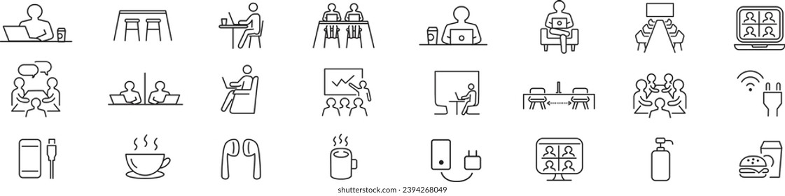 Conjunto de iconos de línea de espacio de trabajo conjunto. Iconos incluidos como compañeros de trabajo, coworking, oficina compartida, negocios, empresa, trabajo y más.