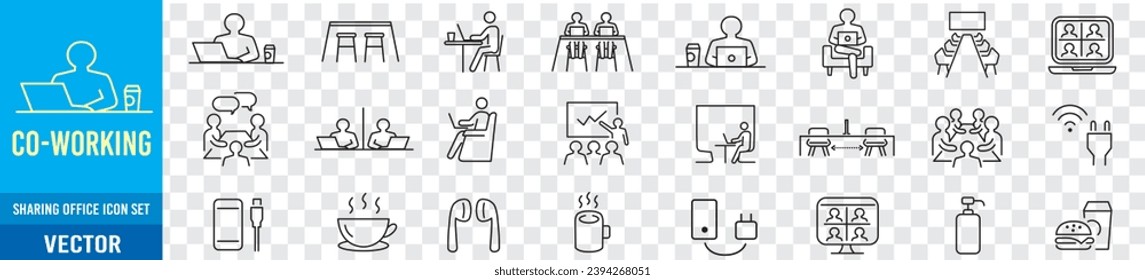 Co-working space line icon set. Included icons as coworkers, coworking, sharing office, business, company, work and more.