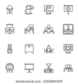Co-working space line icons set, outline vector symbol collection, linear style pictogram pack. Signs, logo illustration. Set includes icons as business people, online meeting, office, presentation