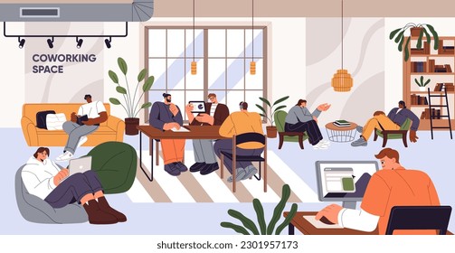 Coworking space, modern business area, corporate office interior. People, freelancers group work together at laptops, computers, meeting tables, desks. Cozy workplace. Flat vector illustration