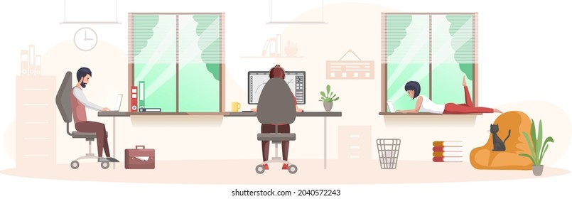 Coworking space modern office design. People working communicating through network on laptop at home. Young people working in office. Men surfing internet and looking for information in computer