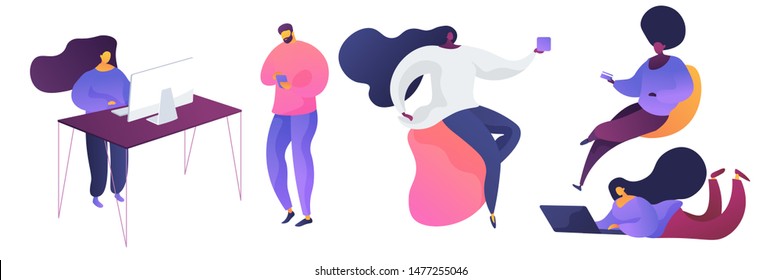 Coworking space, office worker on rest break vector illustration set. Employee at workplace working on laptop, coworker chatting online. Colleagues talking, having fun isolated cartoon characters