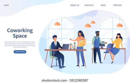 Co-working space in an open plan office with business colleagues in meetings and discussions, colored vector illustration. Web page template