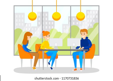 Coworking space with people sitting at the computer. Creative team work together. Freelance concept. Isolated flat vector illustration