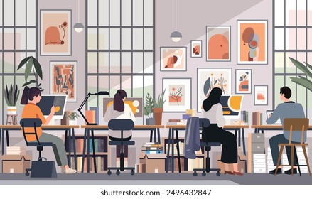 Coworking space with people working modern office interior plants artwork bookshelves large windows minimalistic design