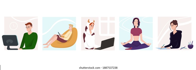 Coworking space, people working on laptop, coworking space. Young people, man and woman freelancers working on laptops. Work at home concept design. Vector illustration