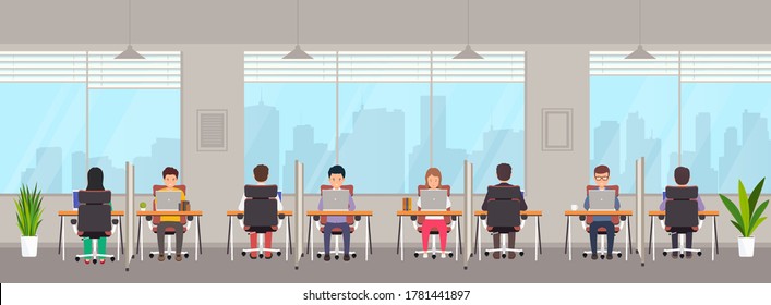 Coworking Space With People. Young People Men And Women Work On Laptops Behind Separate Workstation With Partition In Creative Office. Shared Working Environment With Large Windows.