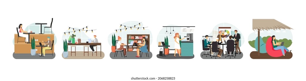 Coworking space scene set. Freelancers, remote teams sharing open common office space. Modern shared workspace, vector.