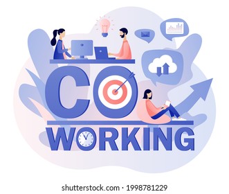 Co-working space. Shared working environment. Tiny people working on laptops, computers, smartphones on shared modern office workplace. Modern flat cartoon style. Vector illustration