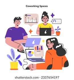 Coworking space. Shared working environment. Characters working at the computers in the open office space. Freelancer with laptops. Flat vector illustration