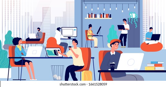 Coworking space. Smart corporate company. Meeting smiling creative people. Freelance coworkers, young businessman team vector illustration