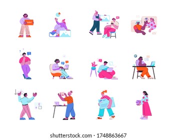 Coworking space, teamwork. Work at home and office concept illustration. Young people, men and women, work as freelancers on laptops and computers at home. Vector flat style illustration.