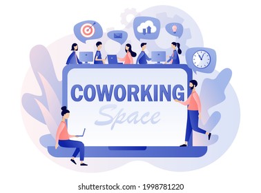 Co-working space - text on laptop screen. Tiny people working on computers, smartphones on shared modern office workplace. Shared working environment. Modern flat cartoon style. Vector illustration