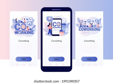 Espacio de trabajo conjunto. Pequeñas personas trabajando en laptops, computadoras, smartphones en oficinas modernas compartidas. Plantilla de pantalla para la aplicación móvil para smartphone. Estilo moderno de dibujos animados planos. Ilustración del vector