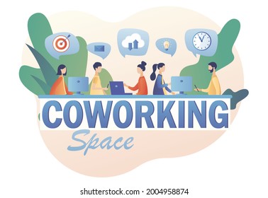 Co-working space. Tiny people working on laptops, computers, smartphones on shared modern office workplace. Shared working environment. Business meeting. Modern flat cartoon style. Vector illustration