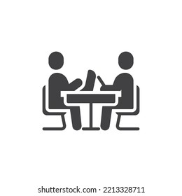 Coworking space vector icon. filled flat sign for mobile concept and web design. Two person sitting at table working on laptop glyph icon. Symbol, logo illustration. Vector graphics